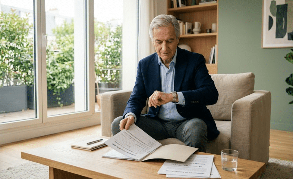 Senior consultant sa montre devant des documents de prêt hypothécaire de trésorerie dans un salon contemporain lumineux.