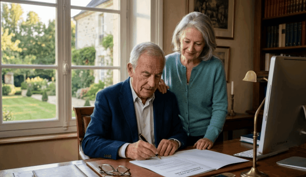Un couple de seniors élégants dans un bureau classique. L'homme est assis et signe un document officiel avec un stylo-plume, tandis que la femme se tient debout à ses côtés, une main posée sur son épaule dans un geste de soutien. En arrière-plan, une grande fenêtre donne sur un jardin ensoleillé. L'image illustre l'autonomie financière et la signature d'un contrat de prêt viager hypothécaire