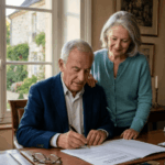 Un couple de seniors élégants dans un bureau classique. L'homme est assis et signe un document officiel avec un stylo-plume, tandis que la femme se tient debout à ses côtés, une main posée sur son épaule dans un geste de soutien. En arrière-plan, une grande fenêtre donne sur un jardin ensoleillé. L'image illustre l'autonomie financière et la signature d'un contrat de prêt viager hypothécaire