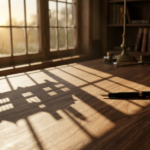 Un stylo-plume noir et or repose sur un bureau en bois d'acajou, baigné par la lumière du soleil couchant qui traverse une fenêtre à petits carreaux. L'ombre de la fenêtre, projetée sur le bureau, évoque la silhouette d'une demeure familiale. L'arrière-plan, flou, laisse entrevoir une bibliothèque et un portrait de famille, créant une atmosphère de calme et de sérénité.