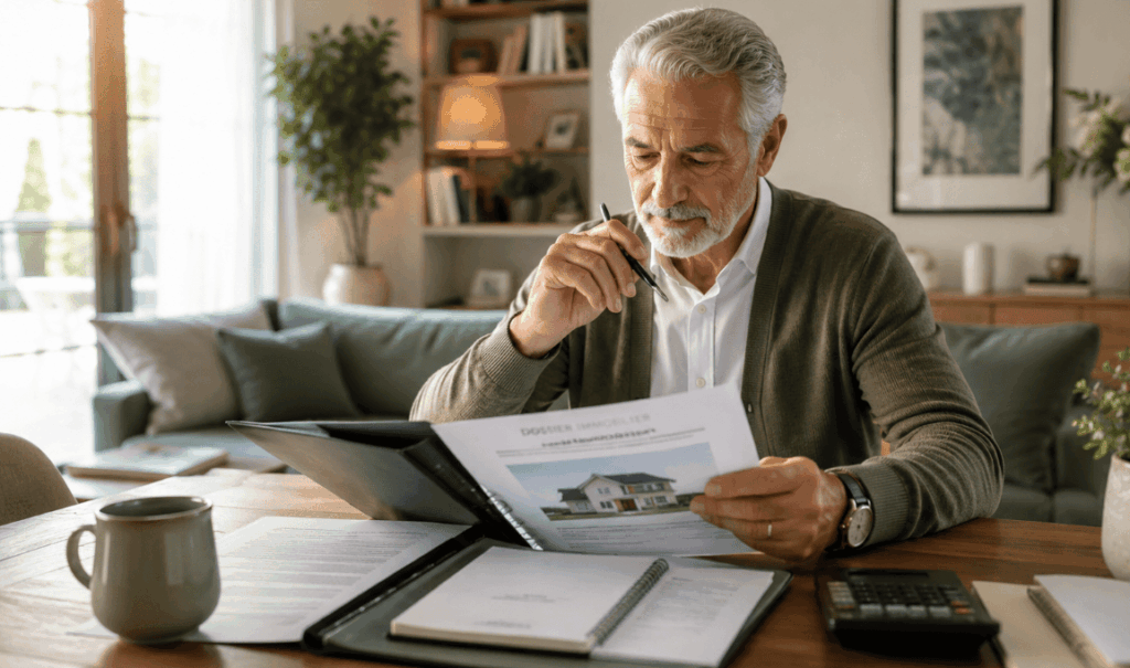 Senior consultant un dossier immobilier avant un remboursement anticipé de prêt viager hypothécaire.