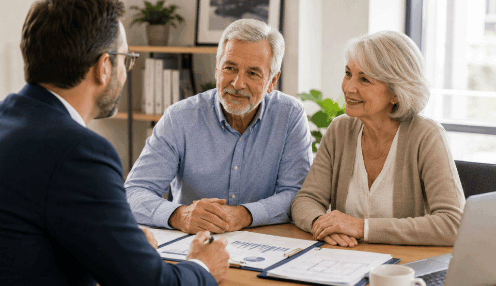 Couple senior échangeant avec un conseiller financier lors d’un rendez-vous sur un prêt hypothécaire, étude d’un dossier immobilier dans un bureau moderne et lumineux.