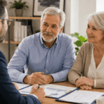 Couple senior échangeant avec un conseiller financier lors d’un rendez-vous sur un prêt hypothécaire, étude d’un dossier immobilier dans un bureau moderne et lumineux.