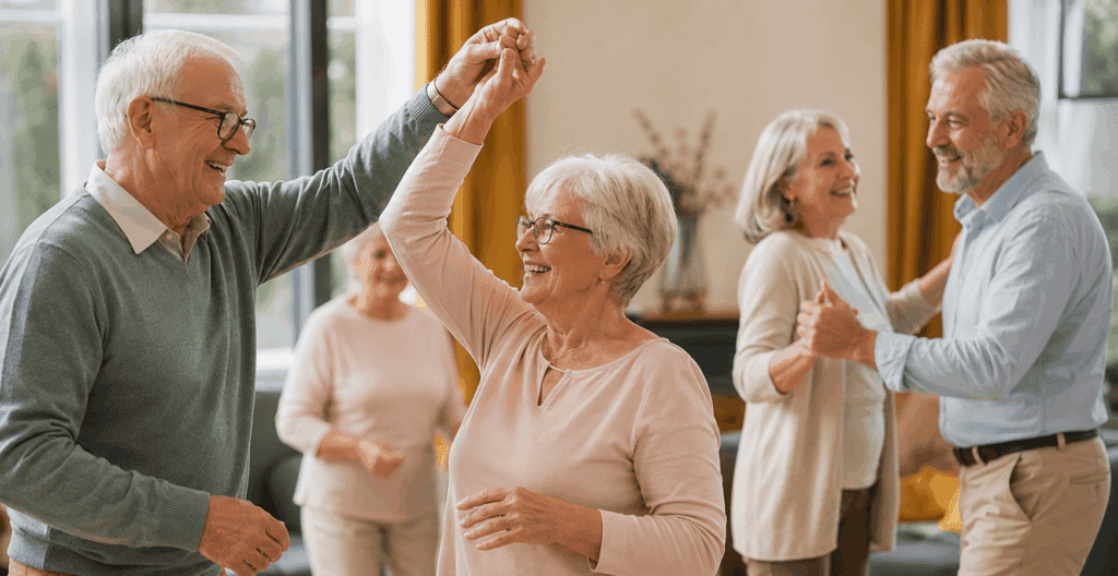 Des seniors dansent et échangent dans un espace commun chaleureux d'une résidence seniors, illustrant une ambiance conviviale, active et bienveillante.
