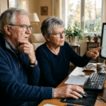 Couple senior, installé dans leur bureau, devant leur ordinateur. Ils font des recherches sur Interrnet.