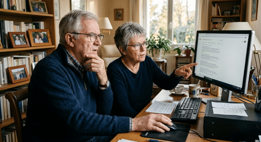 Couple senior, installé dans leur bureau, devant leur ordinateur. Ils font des recherches sur Interrnet.