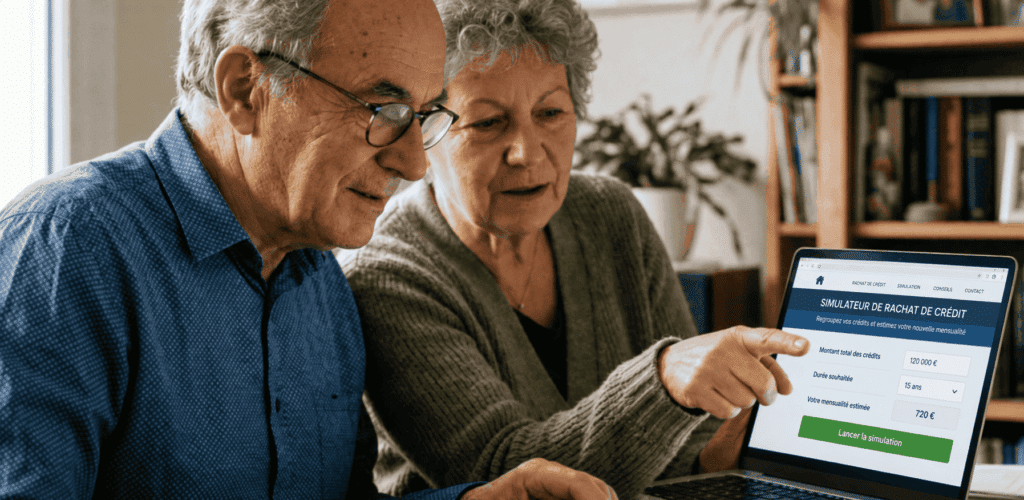 Un couple senior fait une simulation en ligne pour un rachat de crédit